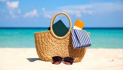 
Enjoy your vacation with this beach bag containing a book, sunscreen, and a striped towel, set on a sandy beach. Perfect for travel and summer-themed ads.