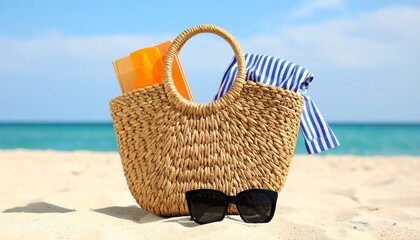 
Enjoy your vacation with this beach bag containing a book, sunscreen, and a striped towel, set on a sandy beach. Perfect for travel and summer-themed ads.