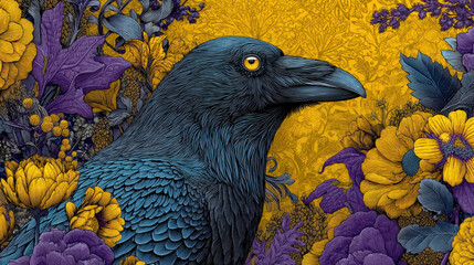 Detailed illustration of black crow surrounded by vibrant purple and yellow flowers with bright