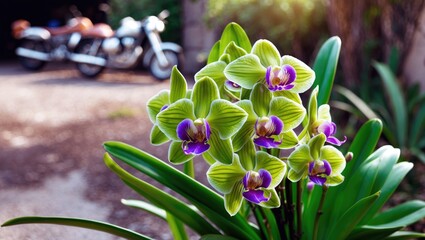 Green orchids with purple centers and long green leaves, backyard setting with motorcycle blurred in the background.