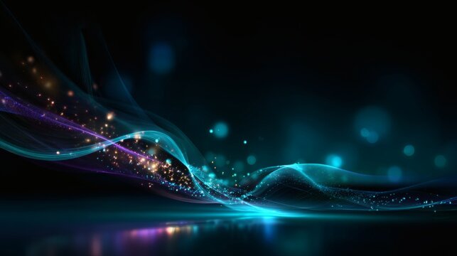 Abstract luminous neon cyber wave with holographic turquoise and purple mesh, immersive flowing gradient, futuristic glowing particles, AI data visualization, sci-fi 3D spectrum, holographic 