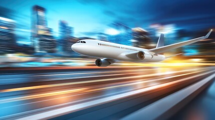 Modern airplane soaring above city lights representing global travel and speed