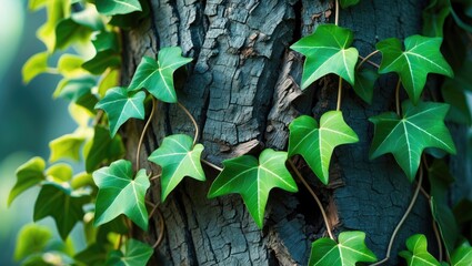 Vines of green ivy leaves climbing up the rough bark of a tree trunk.