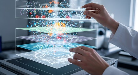 Scientist interacting with a layered holographic display of molecular structures and data visualizations