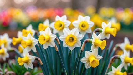 Fototapeta premium Colorful flower garden with yellow and white daffodils. Bright, vibrant, and lively floral scene. Springtime blooms in full display.