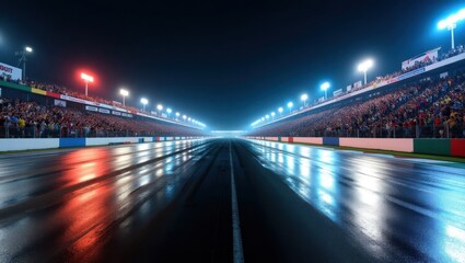 Pista de carreras de asfalto mojado refleja las luces de neón por la noche