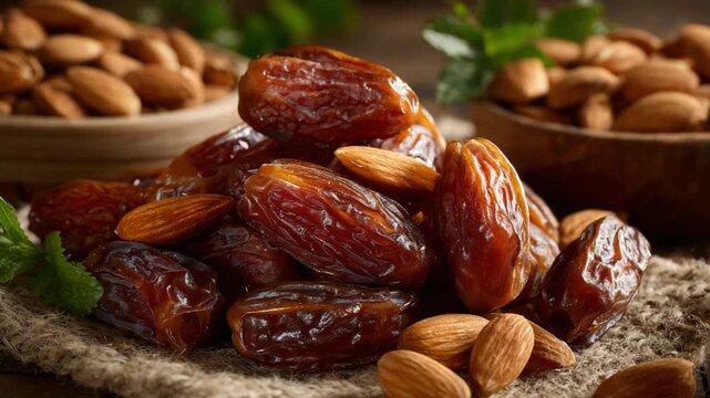 Nutty Date Delight: A close-up shot unveils a tantalizing pile of plump dates mingling with crunchy almonds, creating a visual feast that hints at delightful tastes and textures.