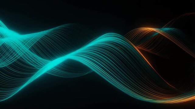 glowing teal and orange lines flowing across a black background forming a liquid wave-like structure, subtly pulsing with energy &ndash; Generative AI