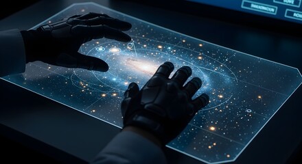 Hands in technological gloves interacting with a holographic galaxy map display