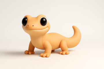 Adorable 3D rendering of a cute cartoon gecko with big glossy eyes. Charming orange lizard character smiling on a plain white background.