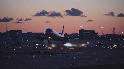 Dramatic airplane takeoff during the twilight over the city skyline creating atmospheric image