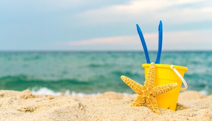 
Yellow beach bucket with a blue shovel and a starfish on a sandy beach. Perfect for summer, vacation, and family advertising. Capture the joy of a perfect day.
