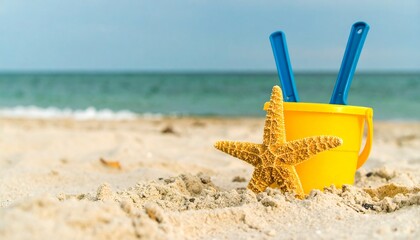 
Yellow beach bucket with a blue shovel and a starfish on a sandy beach. Perfect for summer, vacation, and family advertising. Capture the joy of a perfect day.