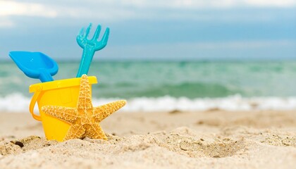 
Yellow beach bucket with a blue shovel and a starfish on a sandy beach. Perfect for summer, vacation, and family advertising. Capture the joy of a perfect day.