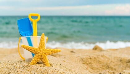 
Yellow beach bucket with a blue shovel and a starfish on a sandy beach. Perfect for summer, vacation, and family advertising. Capture the joy of a perfect day.