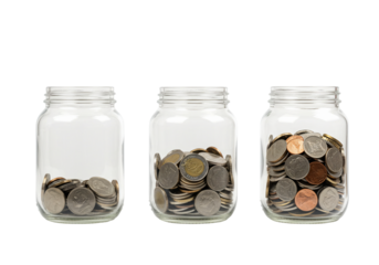 Three glass jars with coins showing financial growth