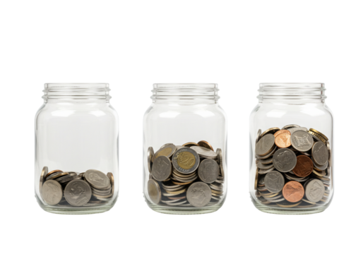 Three glass jars with coins showing financial growth