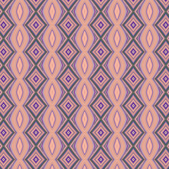 Repetitive geometric diamond and oval pattern in warm pastel tones with purple accents. Ideal for textiles, wallpapers, and backgrounds.