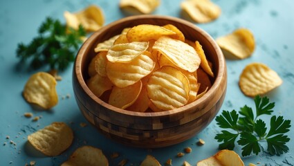Fototapeta premium Potato chips in a wooden bowl with scattered chips and parsley, on a blue surface. Snack and food concept. Crunchy and crispy snack. The concept of snack foods and appetizers.