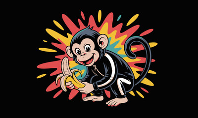 Fototapeta premium A happy cartoon monkey revels in a banana with a burst of color behind it, perfectly blending joy and whimsy in an artistic depiction full of life and vibrancy.