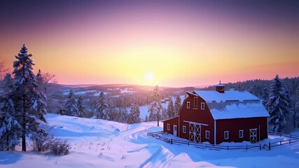 Serene Winter Sunset over Snowy Landscape with a Red Barn and Snow Covered Trees - Powered by Adobe