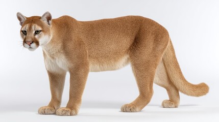 Obraz premium A full-body, side profile of a cougar against a white background. The big cat is standing alertly