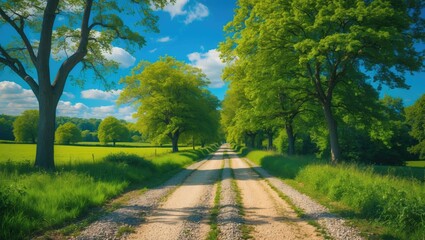 Obraz premium A rural dirt road lined with lush green trees and bright blue sky with clouds.