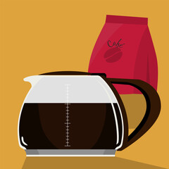 jarra de vidro com caf&eacute; e embalagem de caf&eacute; ao fundo