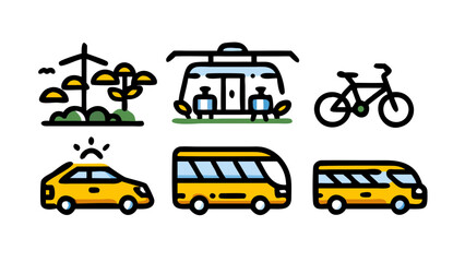 A collection of transportation and renewable energy icons are displayed in a colorful and illustrative design, symbolizing movement and eco-friendliness.