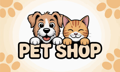 This delightful artwork features a joyful puppy and a content cat posing with a 'Pet Shop' sign, symbolizing the bond between pets and their owners in a friendly environment.