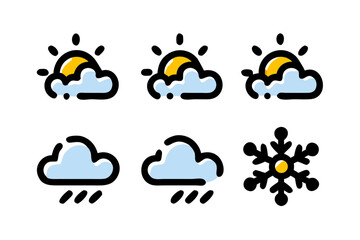 Obraz premium Various weather icons, including sunshine, clouds, rain, and a snowflake, are illustrated in a simple and colorful graphic design.