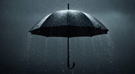 Black Umbrella with Falling Rain on Dark Stormy Background