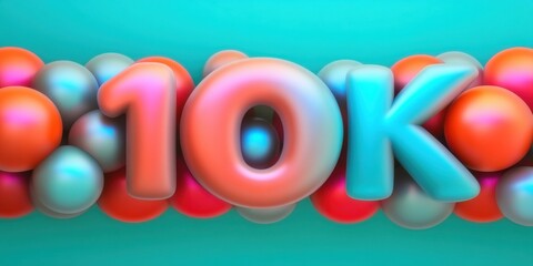 10K milestone celebration with colorful glossy bubbles on blue background. Modern achievement concept for social media growth and digital community success.