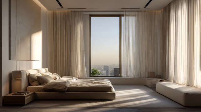 Modern bedroom design ideas with large window and sheer curtains for luxury home interior inspiration - Powered by Adobe