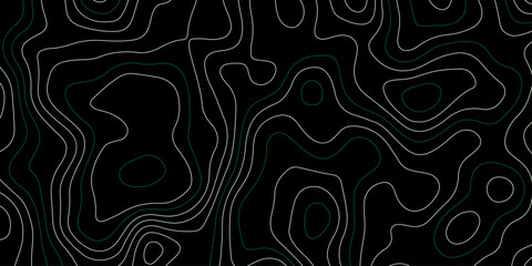A dark, abstract topographic map or contour line pattern, with thin, contrasting white and green lines forming a complex, undulating design against a solid black background.