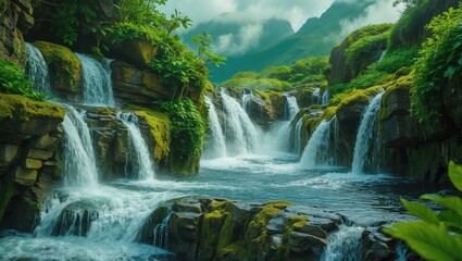 Fototapeta premium Vivid waterfall scene with rushing water amidst lush green hills and misty mountains in the background.