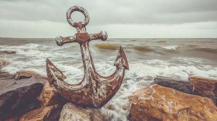 Rusty anchor resting on rocks by the stormy sea offers a sense of maritime history