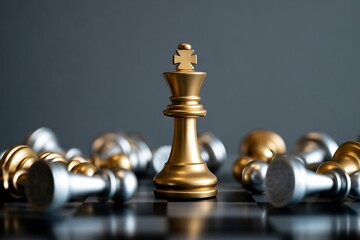 Golden king stands triumphant amidst fallen silver and gold chess pieces symbolizing strategic victory and leadership