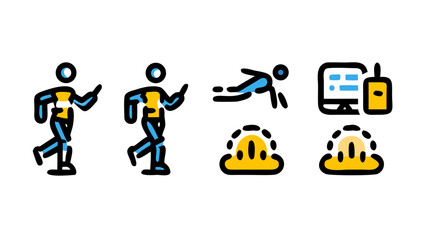 Naklejka premium Diverse collection of modern outlined vector icons illustrating human activities, construction safety gear, and digital communication technology