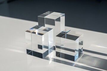 Three clear acrylic cubes arranged dynamically on a white surface casting sharp shadows, symbolizing clarity, structure, and growth