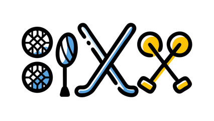 Stylized vector icons showcasing essential equipment for popular sports like golf, badminton, ice hockey, and lacrosse activities.