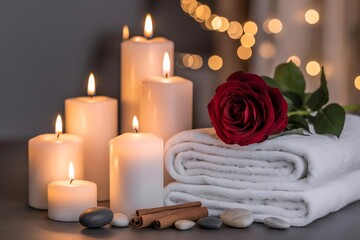 Experience ultimate relaxation with serene candles, soft towels, a single red rose, and soothing spa stones for ultimate tranquility.