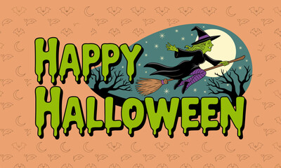 A charming illustration of a witch flying on her broomstick, accented by a festive Halloween theme with a spooky atmosphere, promoting excitement and creativity during Halloween.
