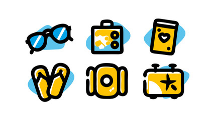 Collection of vibrant vector illustrations depicting essential summer vacation and holiday travel accessories and leisure items