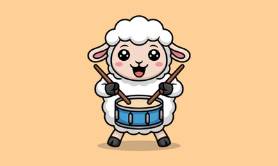 This cheerful sheep character is joyfully playing a drum, radiating happiness. It's a charming design perfect for kids' products, educational materials, and creative projects.