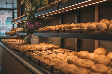 Freshly baked artisan breads and pastries fill bakery shelves, inviting customers with tempting aromas and delightful textures.