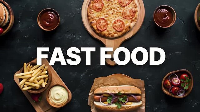 Overhead Assortment of Pizza Burgers Hotdogs and Salad on a Dark Wooden Table Top View Displayed on Wooden Boards