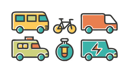 A comprehensive collection of diverse public and commercial transportation vehicles including cars, bikes, and vans, essential for modern logistics.