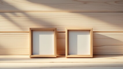 Two empty frames placed on a wooden surface with sunlight casting shadows.