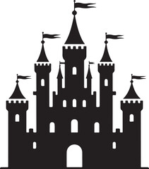 Obraz premium Majestic fairy tale castle silhouette with waving flags